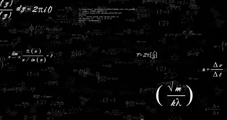 Mathematical equations and chemical formulas animation over black background. Science, technology, chemistry, physics, mathematics, abstract