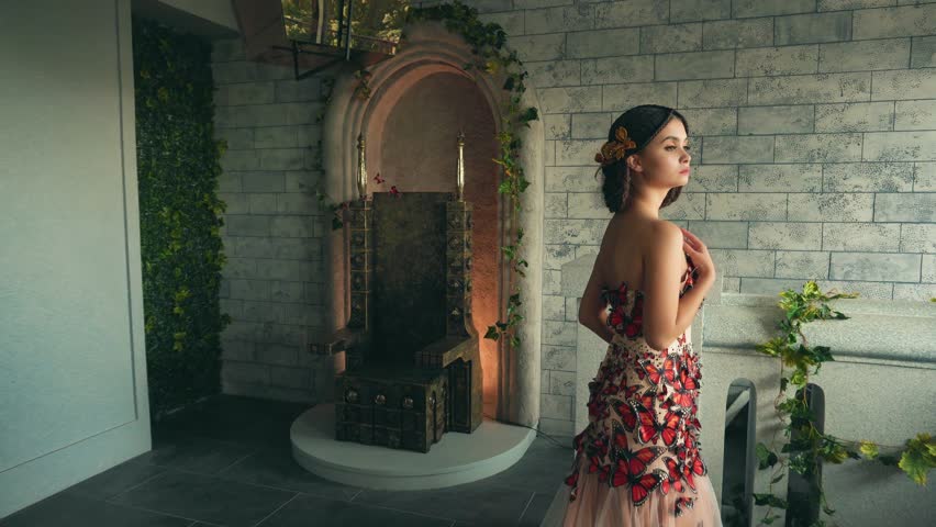 Fantasy beauty woman queen stands in ancient throne room looks out window. creative design pink peach color dress red butterflies long royal train. Girl elf princess ball gown medieval lady old style