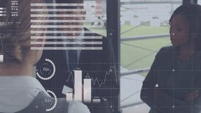 Business people discussing over financial data charts and world map animation. teamwork, planning, strategy, collaboration, analysis, meeting - Powered by Shutterstock - Get 15% off with code: PIKWIZARD15