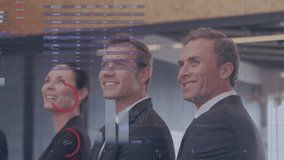 Business people smiling with data charts and world map animation over them. professionals, teamwork, collaboration, meeting, presentation, analysis - Powered by Shutterstock - Get 15% off with code: PIKWIZARD15