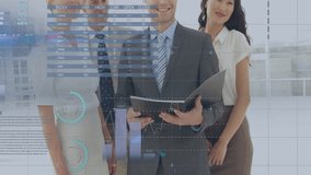 Business data visualization animation over diverse business team in office. Diversity, teamwork, collaboration, analytics, graphs, charts - Powered by Shutterstock - Get 15% off with code: PIKWIZARD15