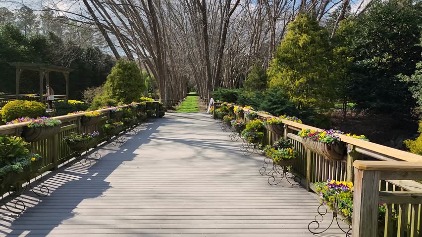footage walking across a bridge lined with colorful flowers and lush green trees and plants with people walking with blue sky and clouds at Gibbs Gardens in Ball Ground Georgia USA