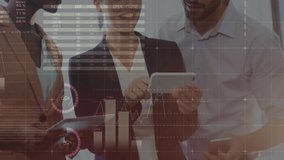 Business data analytics animation over diverse colleagues discussing in office. teamwork, collaboration, strategy, discussion, technology, innovation - Powered by Shutterstock - Get 15% off with code: PIKWIZARD15