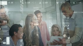 Business data processing animation over diverse team collaborating with tablet. Teamwork, collaboration, technology, analytics, digital, teamwork - Powered by Shutterstock - Get 15% off with code: PIKWIZARD15