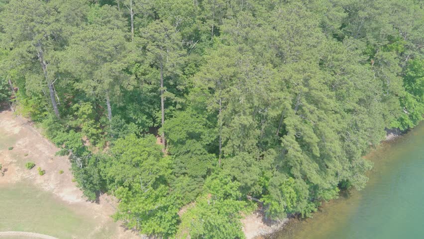 stunning aerial footage of the vast silky green waters of Lake Allatoona surrounded by lush green trees with boat docks along the banks of the lake at Victoria Beach in Acworth Georgia USA