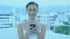 Using smartphone, woman surrounded by floating email icons, animation over cityscape. Technology, communication, business, digital, modern, connectivity - Powered by Shutterstock - Get 15% off with code: PIKWIZARD15