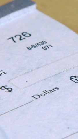 Extreme vertical close-up view writing a $100 check.  	