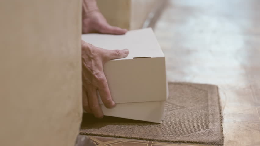 Elderly Resident Receiving Package: Low-Angle View of Senior Hands Collecting Box from Doormat - Static Shot Showcasing Home Delivery for Older Adults in Urban Apartment Setting