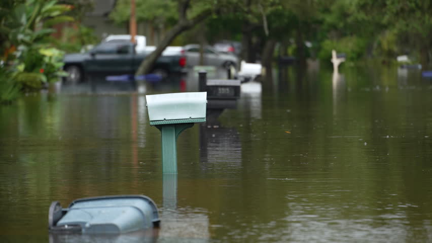 Flooded street in Florida residential area. Hazardous driving conditions. Consequences of hurricane natural disaster.