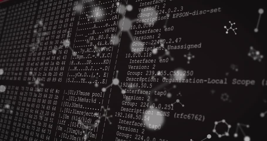 Animation of molecules over data processing on black background. Global science, computing and digital interface concept digitally generated video.