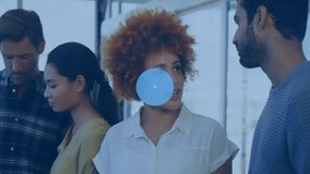 Animation of network of connections with icons over diverse colleagues discussing work in office. Global business, connections and digital interface concept digitally generated video. - Powered by Shutterstock - Get 15% off with code: PIKWIZARD15