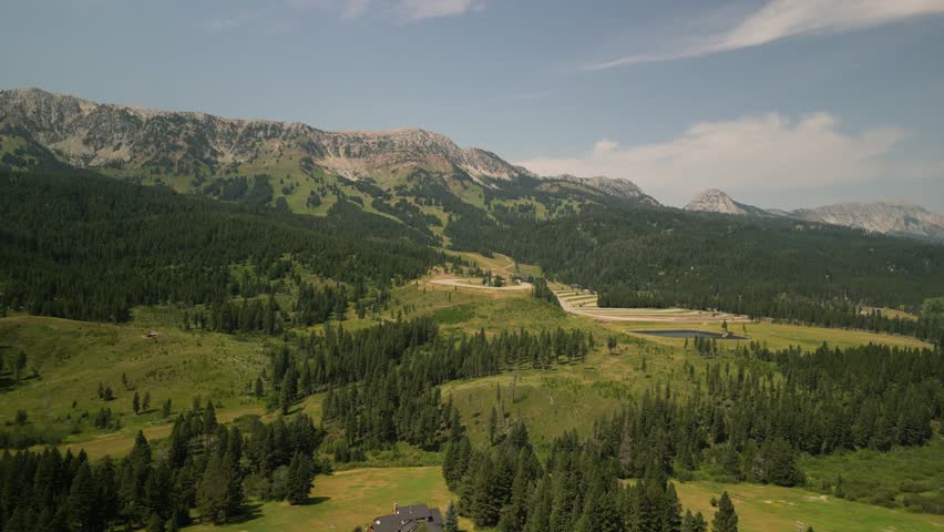 Aerial of Bridger Mountain Range and ski resort in summer in Montana in Gallatin National Forest