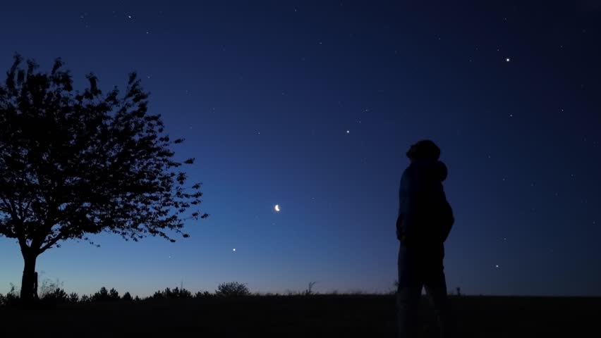 Silhouette of a man and countryside under the stars and Moonlight.