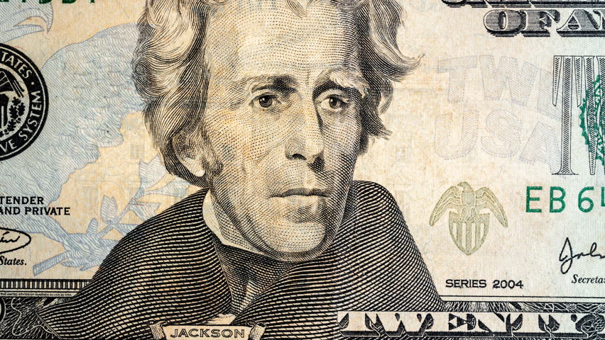 Portrait of Andrew Jackson on Old Twenty Dollar Bill, Looped Close-Up Zoom.