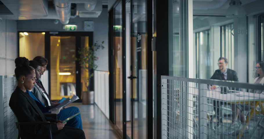 Human Resource Specialist and an Executive Manager Greeting a Male Candidate for a Job in Marketing in an International Business Company. Other Diverse Applicants Waiting Their Turn