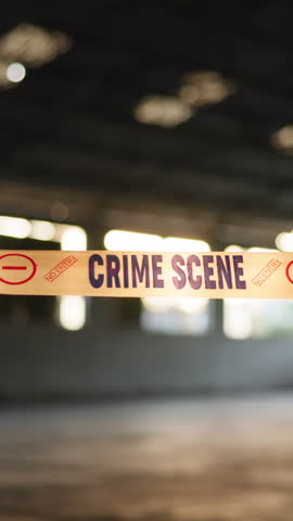 Building, accident and yellow tape for crime scene, investigation or barrier for warning, danger or sign. Forensic inspection, abandoned or blur of mystery with crisis for robbery, murder or no entry