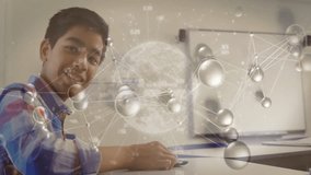 Animation of network of connections and data processing over biracial schoolboy in classroom. Global education, learning, data processing and knowledge concept digitally generated video. - Powered by Shutterstock - Get 15% off with code: PIKWIZARD15
