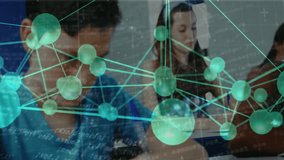 Animation of network of connections and data processing over diverse schoolchildren in classroom. Global education, learning, data processing and knowledge concept digitally generated video. - Powered by Shutterstock - Get 15% off with code: PIKWIZARD15