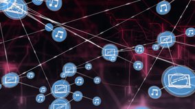 Animation of network of connections with device and music icons over black background. Global connections, computing and data processing concept digitally generated video. - Powered by Shutterstock - Get 15% off with code: PIKWIZARD15