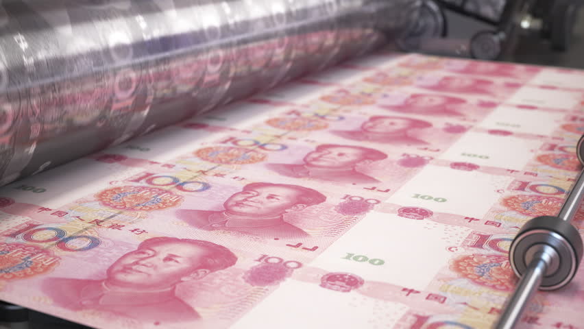 Printing money CHina yen bills on a print machine in typography.. 3d video animation. 3D Illustration