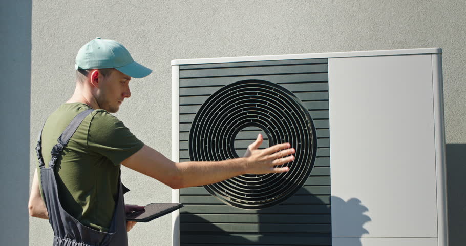 Technician adjusting a heat pump unit outside a house on a sunny day.