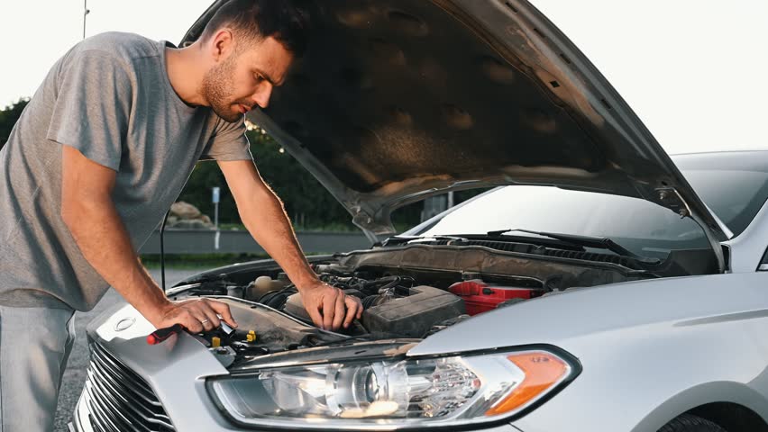 Frustrated Businessman Repairing Accident Car. Vehicle Check Engine Damage Troubles