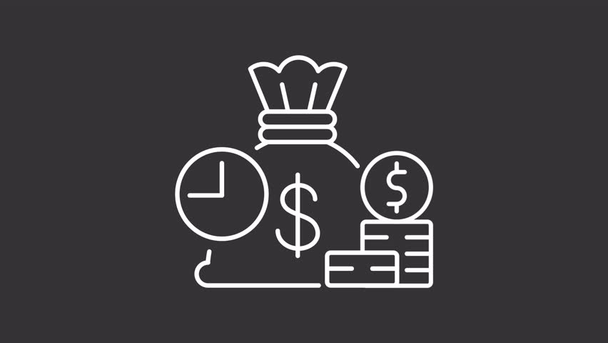 Time is money white line animation. Animated money bag and clock icon. Banking services. Financial concept. Isolated illustration on dark background. Transition alpha video. Motion graphic