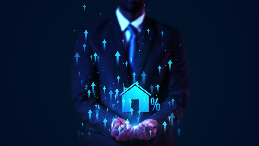 Businessman Digital House Icon Percentage Rising Mortgage Rates, Housing Market Trends, Investment Financial Technology. Economic Growth, Real Estate Markets, Home Financing Solutions. Broker Markets,
