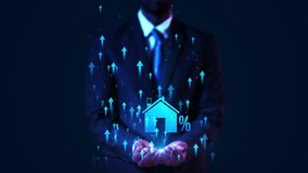 Businessman Digital House Icon Percentage Rising Mortgage Rates, Housing Market Trends, Investment Financial Technology. Economic Growth, Real Estate Markets, Home Financing Solutions. Broker Markets, - Powered by Shutterstock - Get 15% off with code: PIKWIZARD15