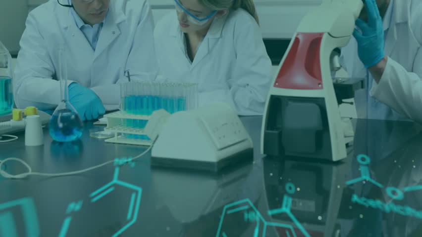 Animation of chemical formula and data processing over diverse scientists working in lab. Global science, computing and digital interface concept digitally generated video. - Powered by Shutterstock - Get 15% off with code: PIKWIZARD15
