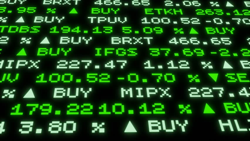 Abstract stock market ticker with prices, percentage changes, buy and sell sign,  colored in green. Business, market research, ticker tape, financial figures, exchange concept. 3D animation