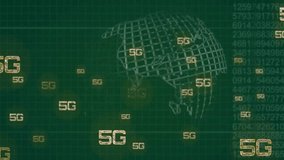 Animation of 5g and data processing over globe on green background. Global technology, computing and digital interface concept digitally generated video. - Powered by Shutterstock - Get 15% off with code: PIKWIZARD15