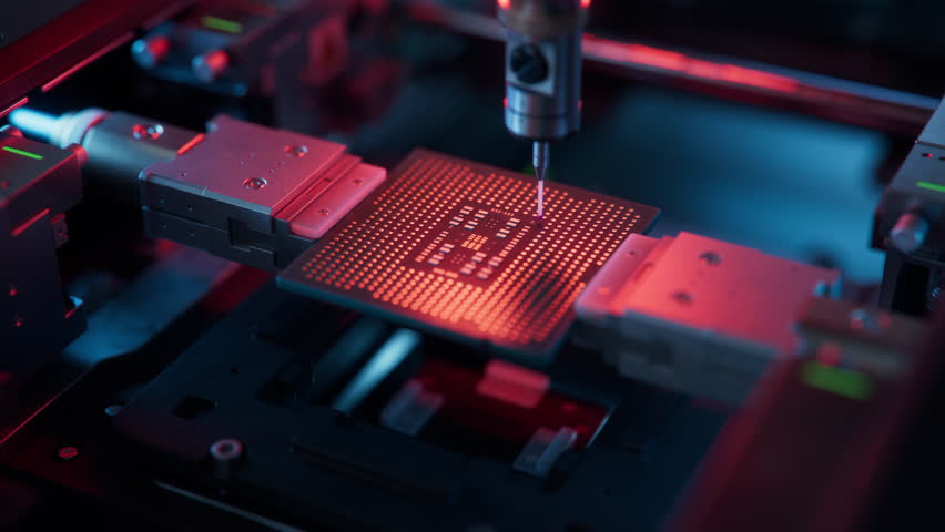 Close-up of Computer Chip on Conveyor Line during Production and Packaging Process on Semiconductor Fab. Advanced Microchip on Electronics Factory. Scene illuminated with Red Light