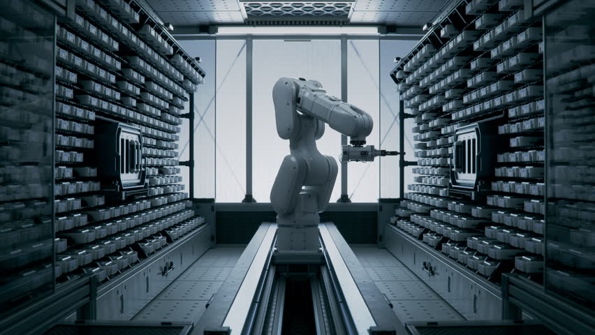 Cleanroom Inside Datacenter with Automated Enterprise Data Management and Storage Solution with High Precision Robot Arm. Futuristic Storage and Handling Room with Robotic Arm at High-Tech Factory