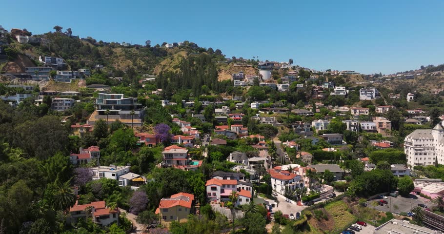 Cinematic Drone Shot Above Hollywood Hills, Los Angeles, California. Famous LA Suburb