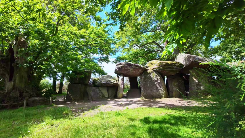 Panning movement about the neolithic gallery grave La Roche aux Fées or Fairies rock, Bretagne, France.