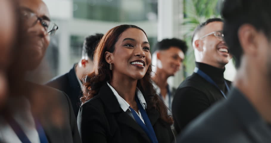 Business people, seminar and presentation with applause for corporate training, meeting or convention. Diversity, group of employees or audience clapping for teamwork or coaching staff at conference