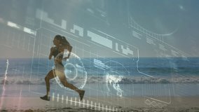 Animation of data processing and globe over caucasian woman running at beach. Global business, sport and digital interface concept digitally generated video. - Powered by Shutterstock - Get 15% off with code: PIKWIZARD15