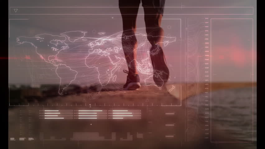 Animation of data processing and world map over caucasian man running at beach. Global business, sport and digital interface concept digitally generated video. - Powered by Shutterstock - Get 15% off with code: PIKWIZARD15
