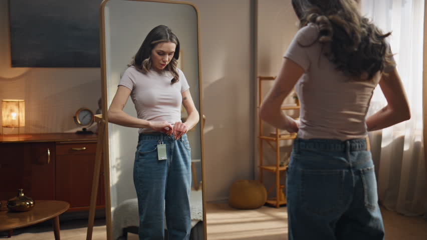 Upset model girl weight loss looking mirror reflection at bedroom. Disappointed lady examining big clothes feeling sad of wrong size. Longhaired woman loosing kilos routine. Bad diet results concept