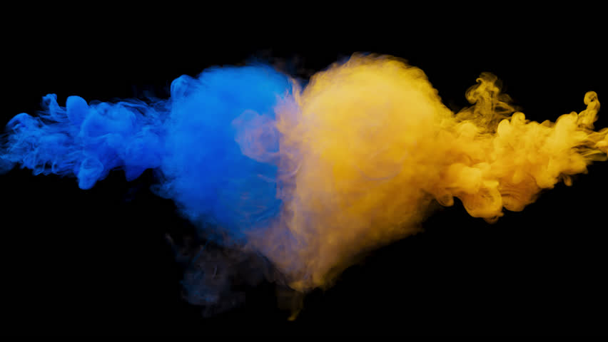 3D animation of blue and yellow smoke turning into a heart shape. With Alpha Channel. When blue and yellow smoke move towards each other, the smoke collides and mixes, forming a heart shape.