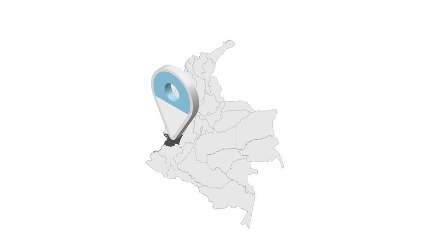 Location Valle del Cauca Department  on map Colombia. 3d Valle del Cauca flag map marker location pin. Map of  Colombia showing different parts. Animated map . 4K.  Video