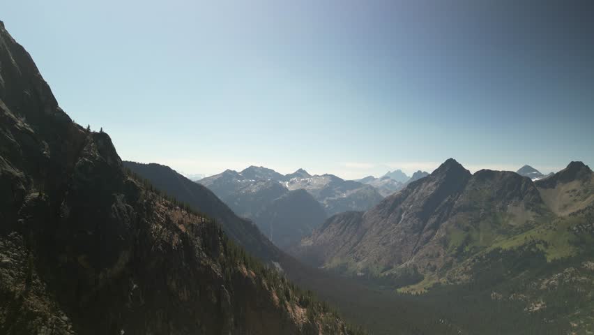 Aerial of North Cascade Mountains in northern Washington in summer near national park
