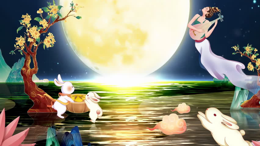 Water town festive Mid autumn festival animation background with traditional oriental red lanterns, lotus flowers, mooncakes on full moon sky