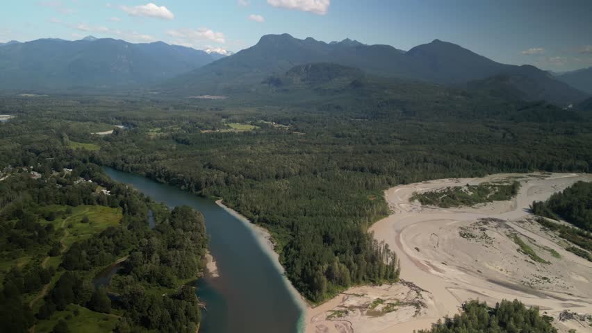 Aerial of Sauk River and Skagit River confluence near Rockport Washington in summer