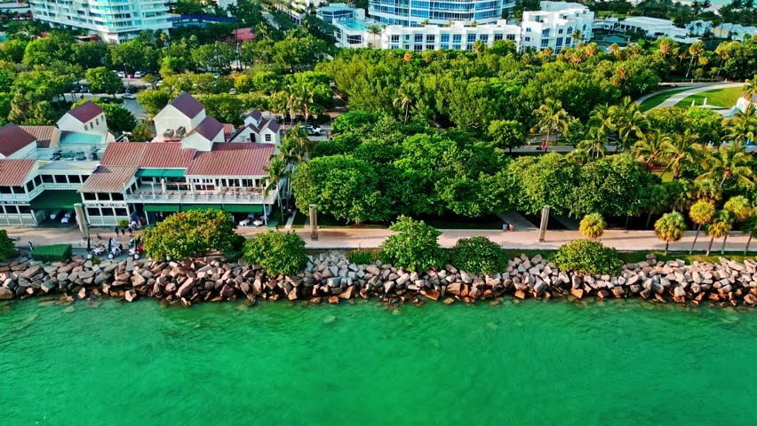 Landscape with park in South Beach, USA. Luxury area panorama. Park and beach in summer. Miami South beach landscape aerial view. Aerial view Miami landscape. Aerial Miami south beach. Park zone