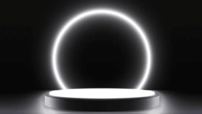 On a dark background there is a black podium with a white luminous platform, behind it is a white ring lighting. An animated minimalist pedestal to advertise your products. - Powered by Shutterstock - Get 15% off with code: PIKWIZARD15
