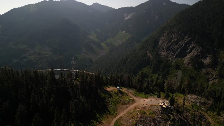 High aerial above Highway 90 on Snoqualmie Pass in Washington