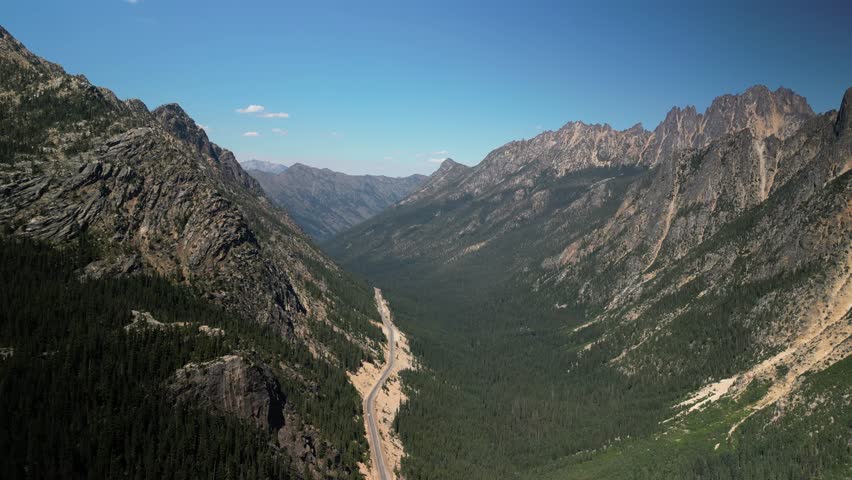 High aerial above Highway 20 on Washington Pass in North Cascade Mountains in summer