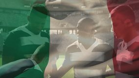 Animation of flag of italy over diverse rugby players. Global sports, competition, connections, computing and data processing concept digitally generated video. - Powered by Shutterstock - Get 15% off with code: PIKWIZARD15